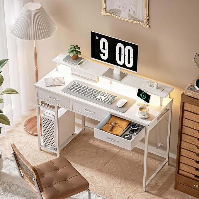 Computer Desk with Drawers and Storage Shelves, Home Office Desk with LED Lights & Power Outlets, Gaming Desk with Monitor Stand, Writing Study Desk, Kids Small Desk for Bedroom, White