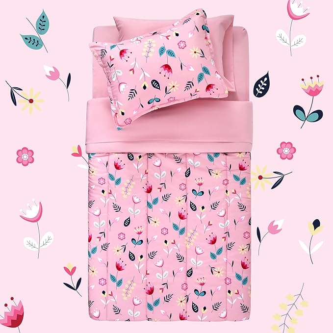 SLEEP ZONE Kids Twin Bedding Comforter Set - Super Cute & Soft Kids Bedding 5 Pieces Set with Comforter, Sheet, Pillowcase & Sham (Pink Flower)