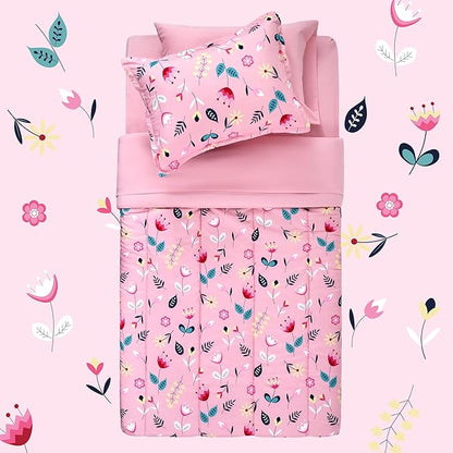 SLEEP ZONE Kids Twin Bedding Comforter Set - Super Cute & Soft Kids Bedding 5 Pieces Set with Comforter, Sheet, Pillowcase & Sham (Pink Flower)