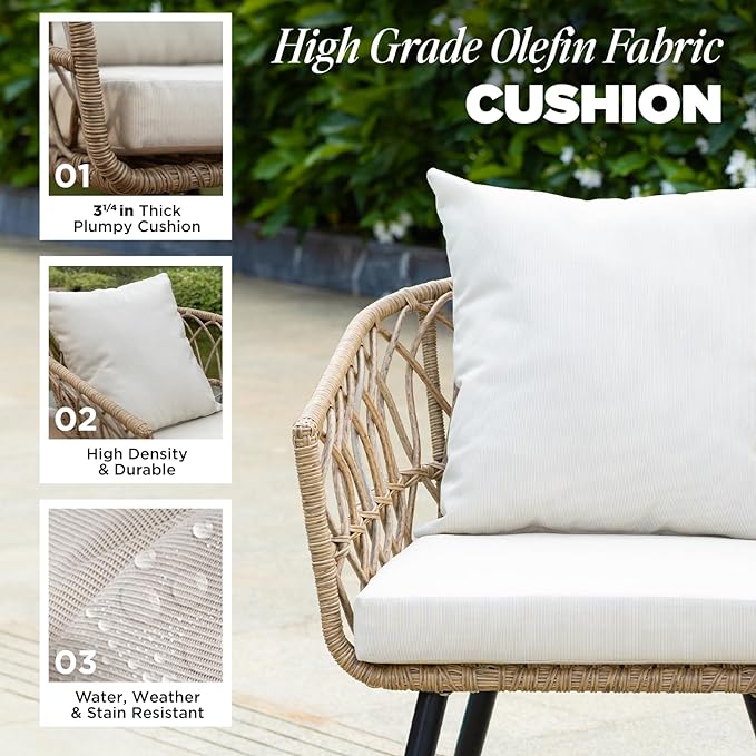 Heavy Duty 500lbs Weight Capacity Bistro Table and Chairs Set of 2 with Olefin Fabric Soft Cushions, Metal Wicker Armchairs Design
