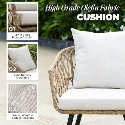 Heavy Duty 500lbs Weight Capacity Bistro Table and Chairs Set of 2 with Olefin Fabric Soft Cushions, Metal Wicker Armchairs Design