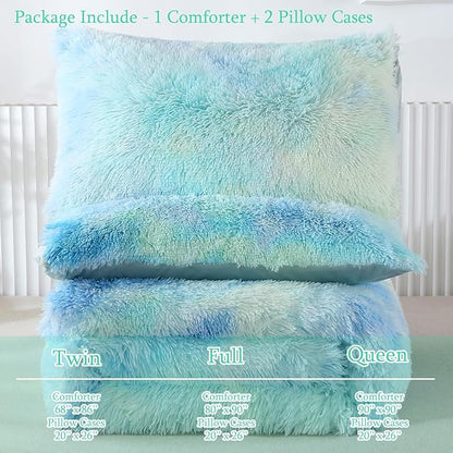 WINLIFE Shaggy Bedding Comforter Set Faux Fur Flannel Furry Comforter Microfiber Long Hair Fluffy Plush Comforter Sets Gradient Ombre Blue Aqua Teal Bedding for Girls Adults (3Pcs, Queen, Mint Green)