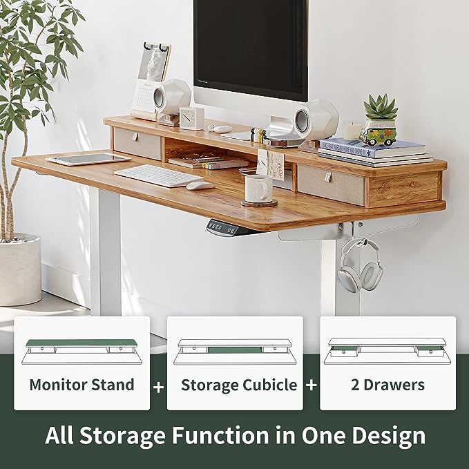 FEZIBO 55 x 24 Inch Height Adjustable Electric Standing Desk with Double Drawer, Stand Up Desk with Storage Shelf, Sit Stand Desk, Light Rustic