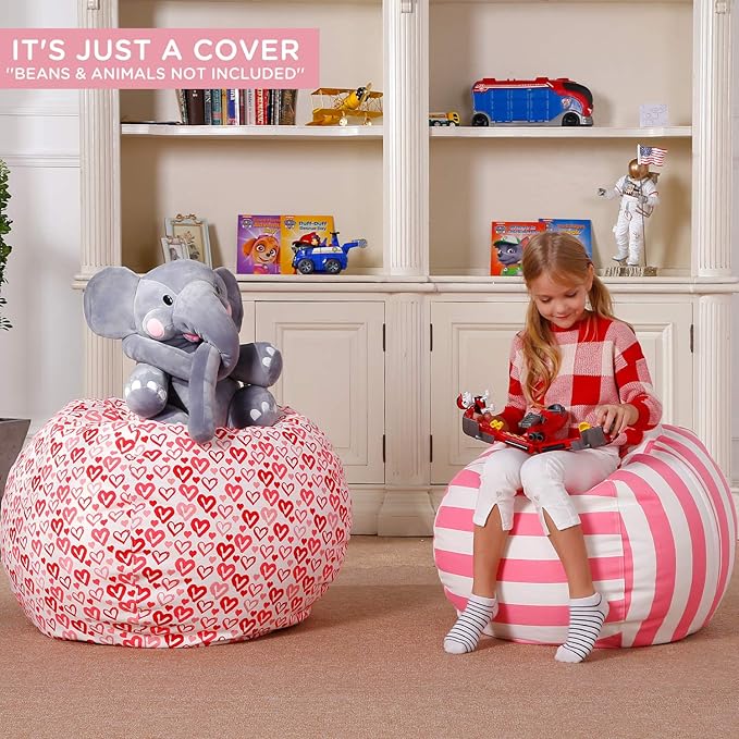 Aubliss Stuffed Animal Bean Bag Storage Chair, Beanbag Covers Only for Organizing Plush Toys, Turns into Bean Bag Seat for Kids When Filled, Medium 32"-Canvas Pattern Heart