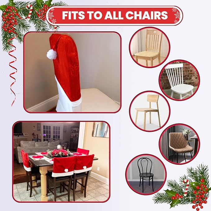 Christmas Chair Covers Set of 4,Red and White Santa Claus Hat Chair Back Covers for Xmas Holiday Festival Indoor Kitchen Bar Counter Stools Decorations Dining Room Table Decor