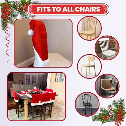Christmas Chair Covers Set of 4,Red and White Santa Claus Hat Chair Back Covers for Xmas Holiday Festival Indoor Kitchen Bar Counter Stools Decorations Dining Room Table Decor