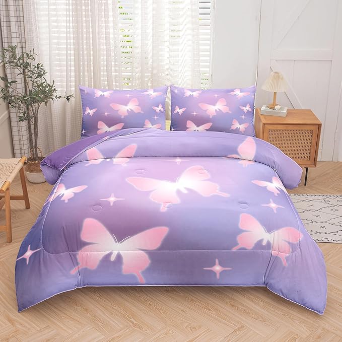 Tailor Shop Butterfly Comforter Sets Twin Size,Purple Pink Butterfly Bedding Sets for Girls Kids Teens with 1 Pillowcase…