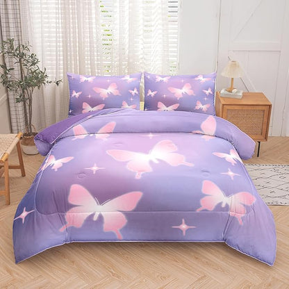 Tailor Shop Butterfly Comforter Sets Queen Size,Purple Pink Butterfly Bedding Sets for Girls Kids Teens with 2 Pillowcase…