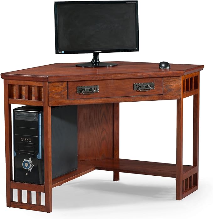 Leick Home 82430 Mission Corner Desk, Writing Computer Desk with Drop Front Keyboard Drawer, for Home Office, Solid Wood, Mission Oak