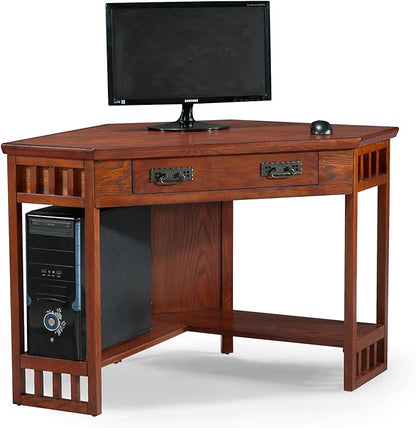Leick Home 82430 Mission Corner Desk, Writing Computer Desk with Drop Front Keyboard Drawer, for Home Office, Solid Wood, Mission Oak
