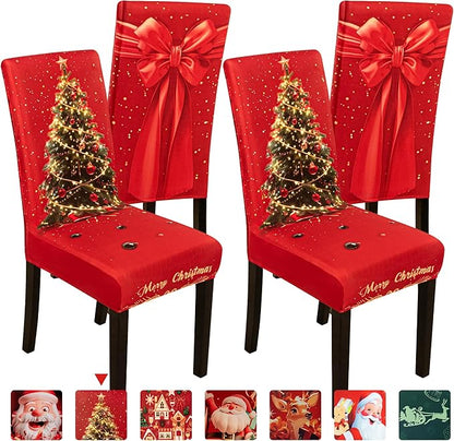 4PCS Christmas Dining Chair Covers Stretch Removable Washable Dining Room Chair Protector Slipcover 3D Print Xmas Tree Bow Tie Kitchen Chair Cover Slipcovers for Xmas Holiday Party Home Décor