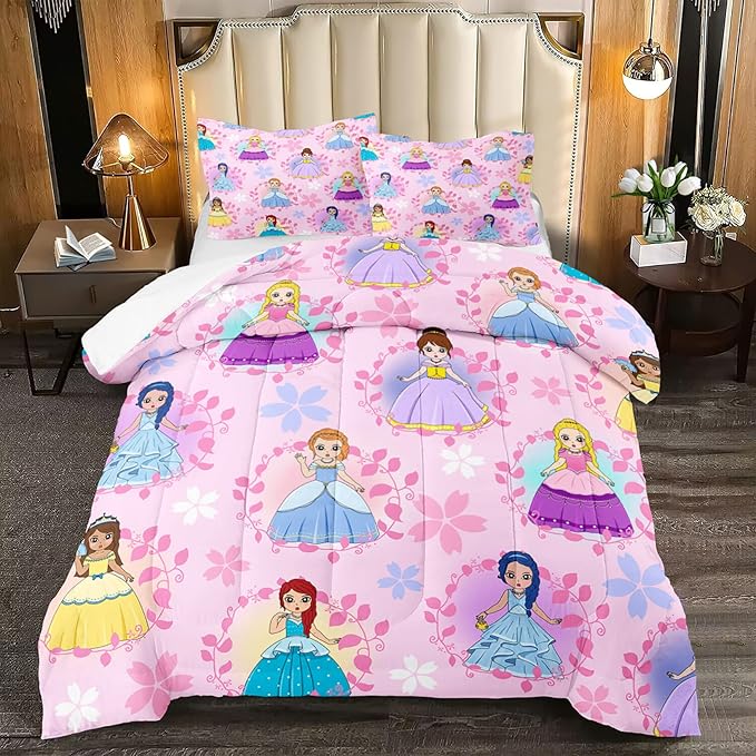 Princess Bedding Full Size Comforter Sets for Girls Bedroom Decor Pink Princess Full Quilt Set with 2 Pillowcases Cute Princess Comforter Set Girls Gifts