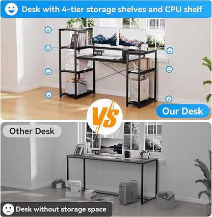 63-Inch Home Office Desk with Storage Shelves, Gaming Computer Desk with Monitor Stand and Printer Shelf for Study, Writing, PC Work