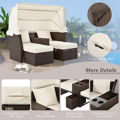 2-Seater Outdoor Patio Convertible Sunbed, All Weather Rattan Double Daybed Couch Foldable Awning, Cushions and Storage Boxes, Loveseat Sofa Set for Garden, Poolside, Balcony, Ab-Beige