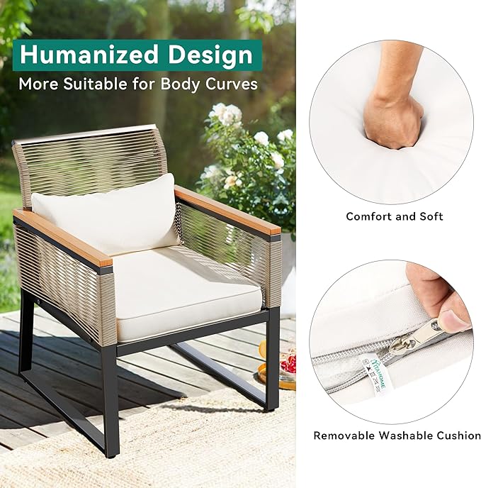 YITAHOME Patio Furniture Wicker Outdoor Bistro Set, 4-Piece All Weather Rattan Conversation Loveseat for Backyard, Balcony and Deck with Wooden Armrest, Gray Cushions and Metal Coffee Table