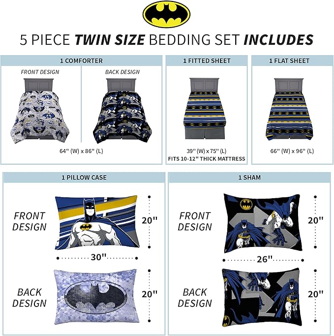 Franco Kids Bedding Super Soft Comforter and Sheet Set with Sham, 5 Piece Twin Size, Batman