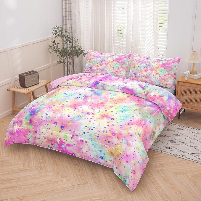 Pink Comforter Set for Girls, Bed in A Bag Twin Size, Purple Pink Tie Dye Pastel Comforter Set with Fitted Sheet and Flat Sheet