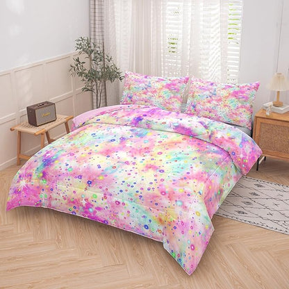 Pink Comforter Set for Girls, Bed in A Bag Twin Size, Purple Pink Tie Dye Pastel Comforter Set with Fitted Sheet and Flat Sheet