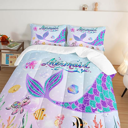 HOSIMA Mermaid Tail Comforter Set for Kids Girls Teens Bedroom Decor,Cartoon Scallop Sea Turtle Sea Horses Octopus Kawaii Bedding Set Mermaid Fish Scale Queen Comforter Set.Ocean Comforter