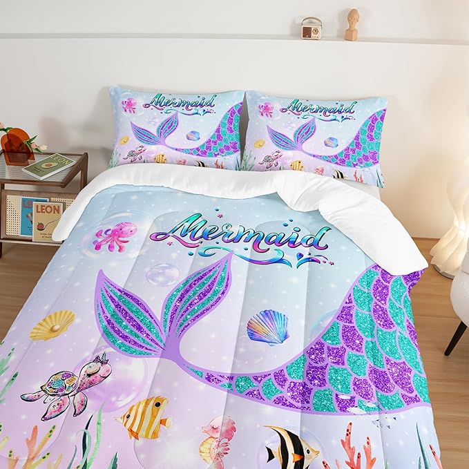 HOSIMA Mermaid Tail Comforter Set for Kids Girls Teens Bedroom Decor,Cartoon Scallop Sea Turtle Sea Horses Octopus Kawaii Bedding Set Ocean Comforter,Mermaid Fish Scale Twin Comforter Set.