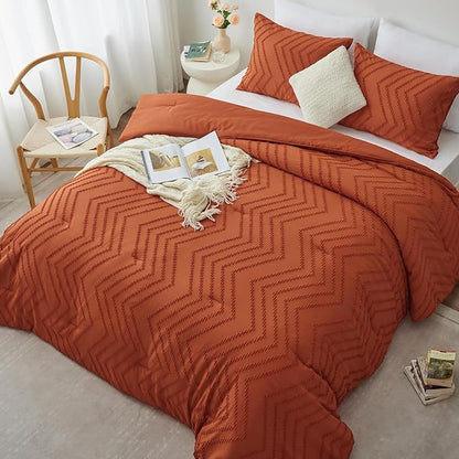 CozyLux King Size Comforter Set Burnt Orange - 3 Pieces Terracotta Boho Tufted Shabby Chic Bedding Comforter Set for All Seasons, Chevron Bedding Sets with Comforter & 2 Pillow Shams