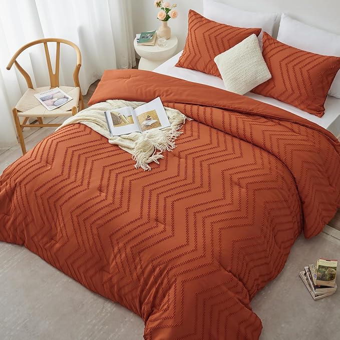 CozyLux Queen Comforter Set Burnt Orange - 3 Pieces Terracotta Boho Tufted Shabby Chic Bedding Comforter Set for All Seasons, Chevron Bedding Sets with Comforter & 2 Pillow Shams