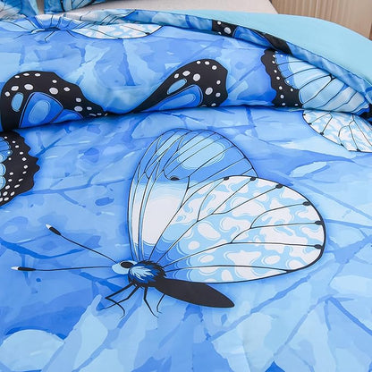 Btargot 3 Piece Blue Butterfly Girls Kids Adults Queen Size Comforter Set, Lightweight Soft All Season Bedding Set with 2 Pillowcases