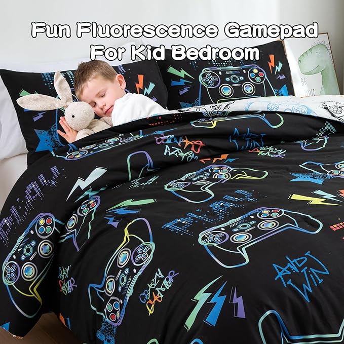 Meeting Story Gamer Gaming Bedding Sets Fluorescence Gamepad Comforter Set for Boys Games Console Action Buttons Novelty Colorful Modern Room Decor Home Quilt Set (Black, Twin)