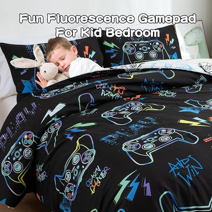 Meeting Story Gamer Gaming Bedding Sets Fluorescence Gamepad Comforter Set for Boys Games Console Action Buttons Novelty Colorful Modern Room Decor Home Quilt Set (Black, Full)