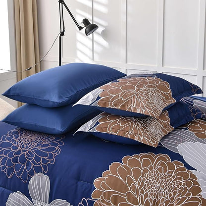 Yiran Navy Brown Comforter Set Queen Bed in a Bag 7 Pieces Floral Soft Microfiber Comforter Bedding Sets Bed Set with Comforter, Sheets, Pillowcases & Shams 90"×90"