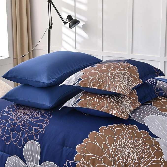 Yiran 7 Pieces Floral Comforter Bedding Sets Bed in a Bag Navy Brown Soft Microfiber Comforter Set with Comforter, Sheets, Pillowcases & Shams King Size 103"×90"