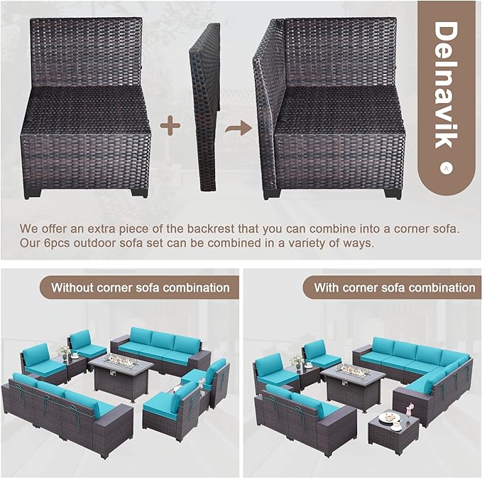Patio Furniture Sectional Sofa Set 13-Pieces PE Rattan Patio Conversation Set w/43in Gas Fire Pit Table, Outdoor Furniture with 55000 BTU Propane Fire Pit, Blue