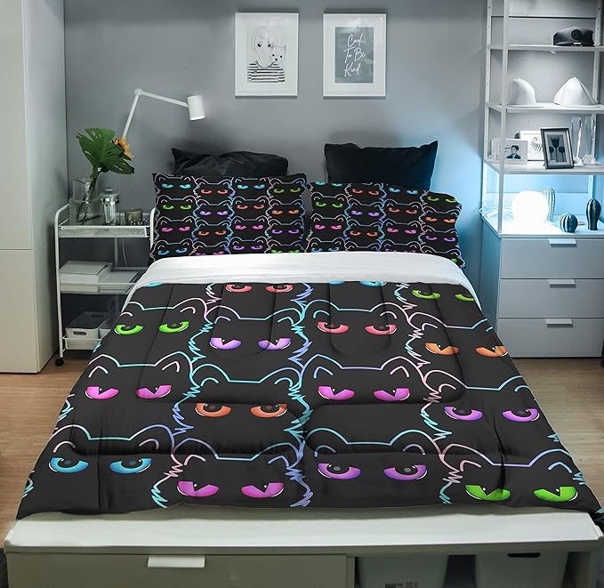 Sunnycitron Cartoon Cat Bedding Queen Comforter set Black Cat Comforter set Gradient Line Cat Quilt 3D Neon Cat Bed set Black Cat Bedding set for Teens Kids Boys Girls Adults