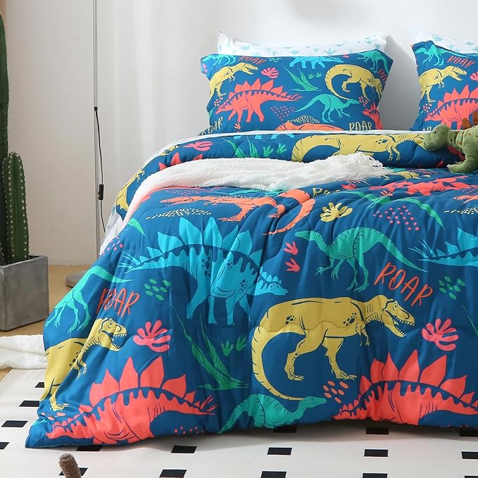 Wajade Boys Dinosaur Comforter Set Bed in A Bag Full Size 7 Piece 3D Blue Dinosaur Print Bedding Set for Kids Teens(1 Comforter, 1 Flat Sheet, 1 Fitted Sheet, 2 Pillowcase and 2 Pillow Sham)