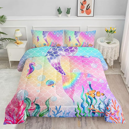 Datura home Bedding Comforter Set Rainbow Pink Mermaid Tail Printed Pattern Quilt with 1 and 2 Pillowcases for Girls Bedroom All Season(Rainbow Queen) Queen 90x90inches