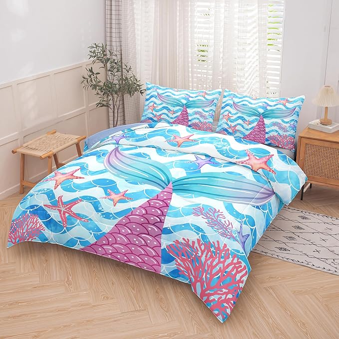 NINENINE Twin Size Mermaid Tail Bedding Girls Princess Comforter Set, Blue Glitter Bedding Sets for Girls,Sea Animal Kids Fish Scales Comforter Sets with 1 Comforter 1Pillowcase