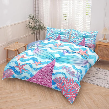 NINENINE Twin Size Mermaid Tail Bedding Girls Princess Comforter Set, Blue Glitter Bedding Sets for Girls,Sea Animal Kids Fish Scales Comforter Sets with 1 Comforter 1Pillowcase
