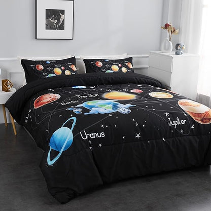 Solar System Comforter Set Queen Universe Planets Theme Bedding Set 3 Pieces 1 Space Comforter and 2 Pillow Shams for Boys Girls Kids Ultra-Soft Microfiber All Seasons for Bedroom Sofa