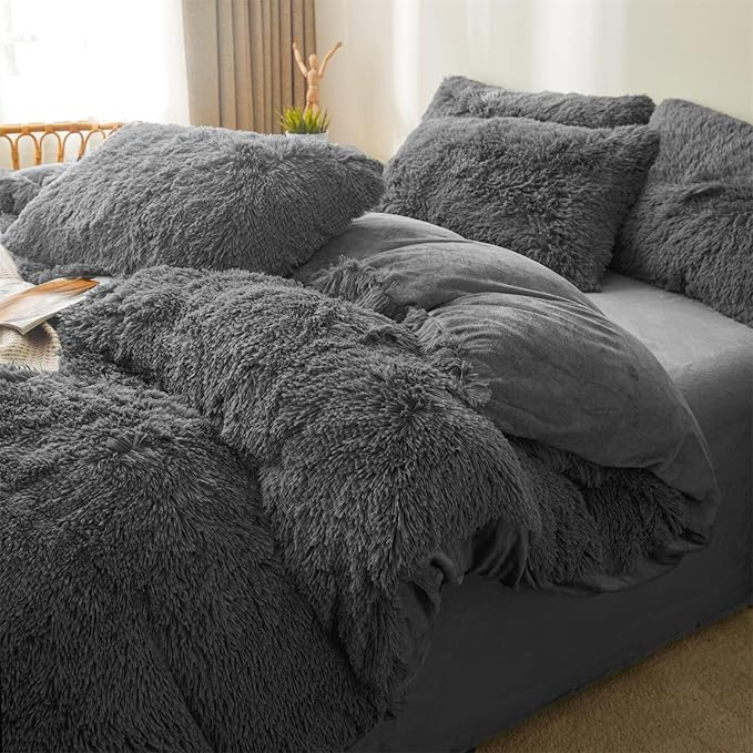 Fluffy Faux Fur dark grey Comforter Cover Set Queen - Ultra Soft Plush dark grey Bedding Sets 3 Pieces (1 fluffy duvet cover + 2 Faux Fur Pillow case) Cute dark grey Bed Set (Dark Grey, Queen)