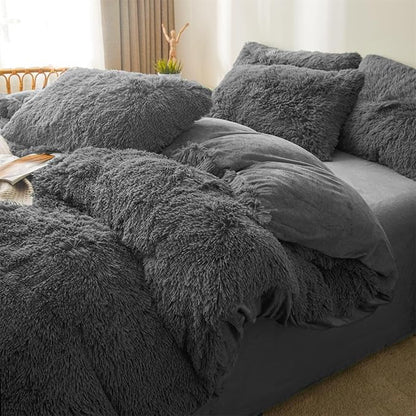 Fluffy Faux Fur dark grey Comforter Cover Set Queen - Ultra Soft Plush dark grey Bedding Sets 3 Pieces (1 fluffy duvet cover + 2 Faux Fur Pillow case) Cute dark grey Bed Set (Dark Grey, Queen)