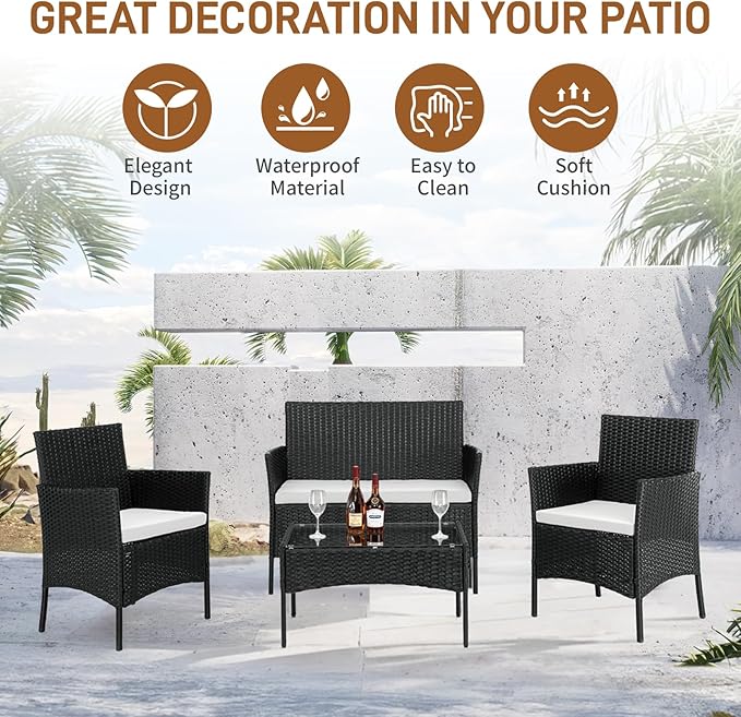 Outvita 4 Pieces Patio Furniture Set, Rattan Conversation Sets with Loveseat Soft Cushion and Glass Table for Garden Backyard Balcony Porch Poolside(Black)