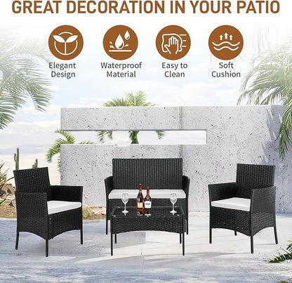 Outvita 4 Pieces Patio Furniture Set, Rattan Conversation Sets with Loveseat Soft Cushion and Glass Table for Garden Backyard Balcony Porch Poolside(Black)