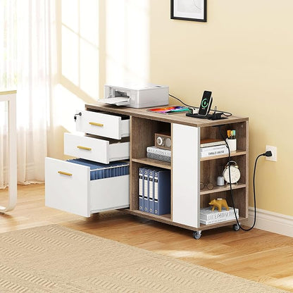 YITAHOME File Cabinet with Charging Station, Mobile Lateral Filing Cabinet with Lock for Home Office, Printer Stand with Open Storage Shelf, Fits A4, Letter, Legal Size Files, Grey Wash & White