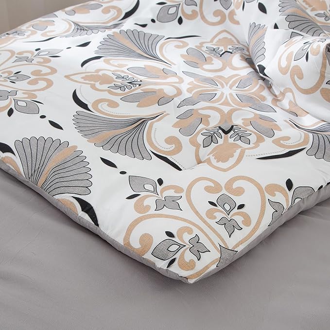 EMME Queen Comforter Set - Grey White Floral Bedding Set 7 PCS with Geometric Flowers Pattern, Soft Plant Printed Botanical Bed Set with Sheets, Fluffy Bed Bag for All Season(90"X90")