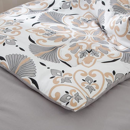 EMME Queen Comforter Set - Grey White Floral Bedding Set 7 PCS with Geometric Flowers Pattern, Soft Plant Printed Botanical Bed Set with Sheets, Fluffy Bed Bag for All Season(90"X90")
