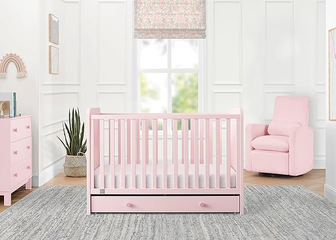 babyGap by Delta Children Graham 4-in-1 Convertible Crib with Storage Drawer TrueSleep Crib and Toddler Mattress (Bundle), Blush Pink/Dark Pink