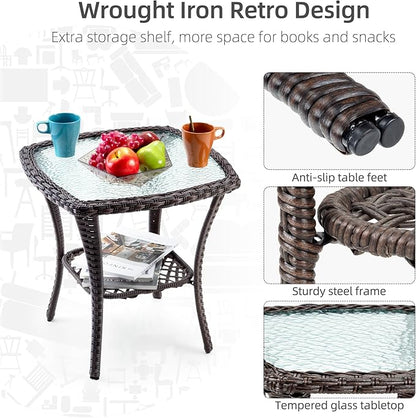 IDEALHOUSE 3 Pieces Outdoor Wicker Swivel Rocker Patio Set, 360-Degree Swivel Rocking Chair Elegant Wicker Patio Bistro Set with Tempered Glass Top Side Table (Rust Color)