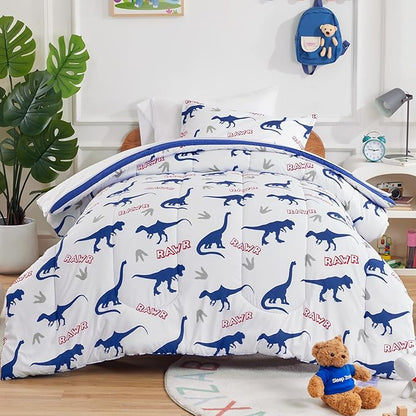 SLEEP ZONE Kids Bedding Set for Boys, Dinosaur Pattern, Super Soft and Breathable, All Season Use Comforter Set, 7 Pieces (Dinosaur Footprints, Full/Queen)