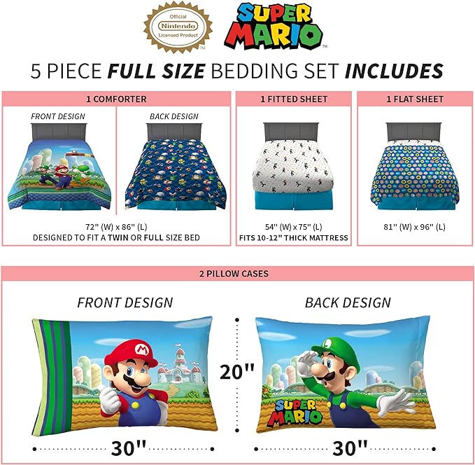 Franco Kids Bedding Super Soft Comforter and Sheet Set, (5 Piece) Full Size, Mario