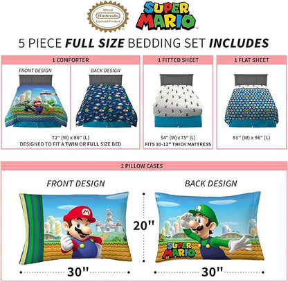 Franco Kids Bedding Super Soft Comforter and Sheet Set, (5 Piece) Full Size, Mario